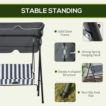 Outsunny Three-Seater Garden Swing Chair, with Adjustable Canopy - Grey Stripe