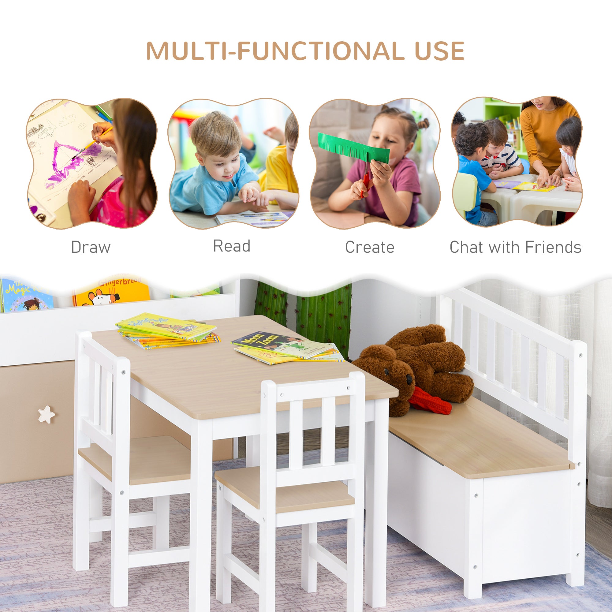 HOMCOM 4-Piece Kids Table and Chair Set with 2 Wooden Chairs, 1 Storage Bench, and Interesting Modern Design, Beige/White 