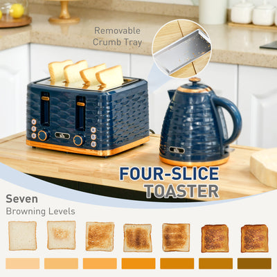 HOMCOM 3000W 1.7L Rapid Boil Kettle & 4 Slice Toaster, Kettle and Toaster Set with 7 Browning Controls and Crumb Tray, Blue 