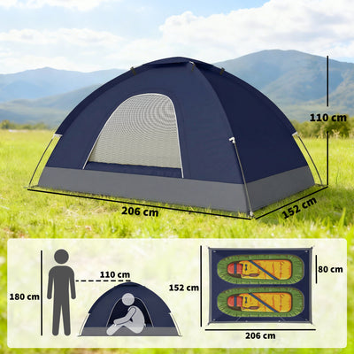 Outsunny 2 Person Camping Tent, Dome Tent with Zipped Doors, Storage Pocket, Portable Handy Bag, Navy Blue 