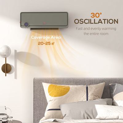 HOMCOM Wall Downflow Heater 2 Heat and Fan 1000W/2000W, Electric Space Heater with Timer Remote Oscillating, for Bedroom Home Office, Grey 