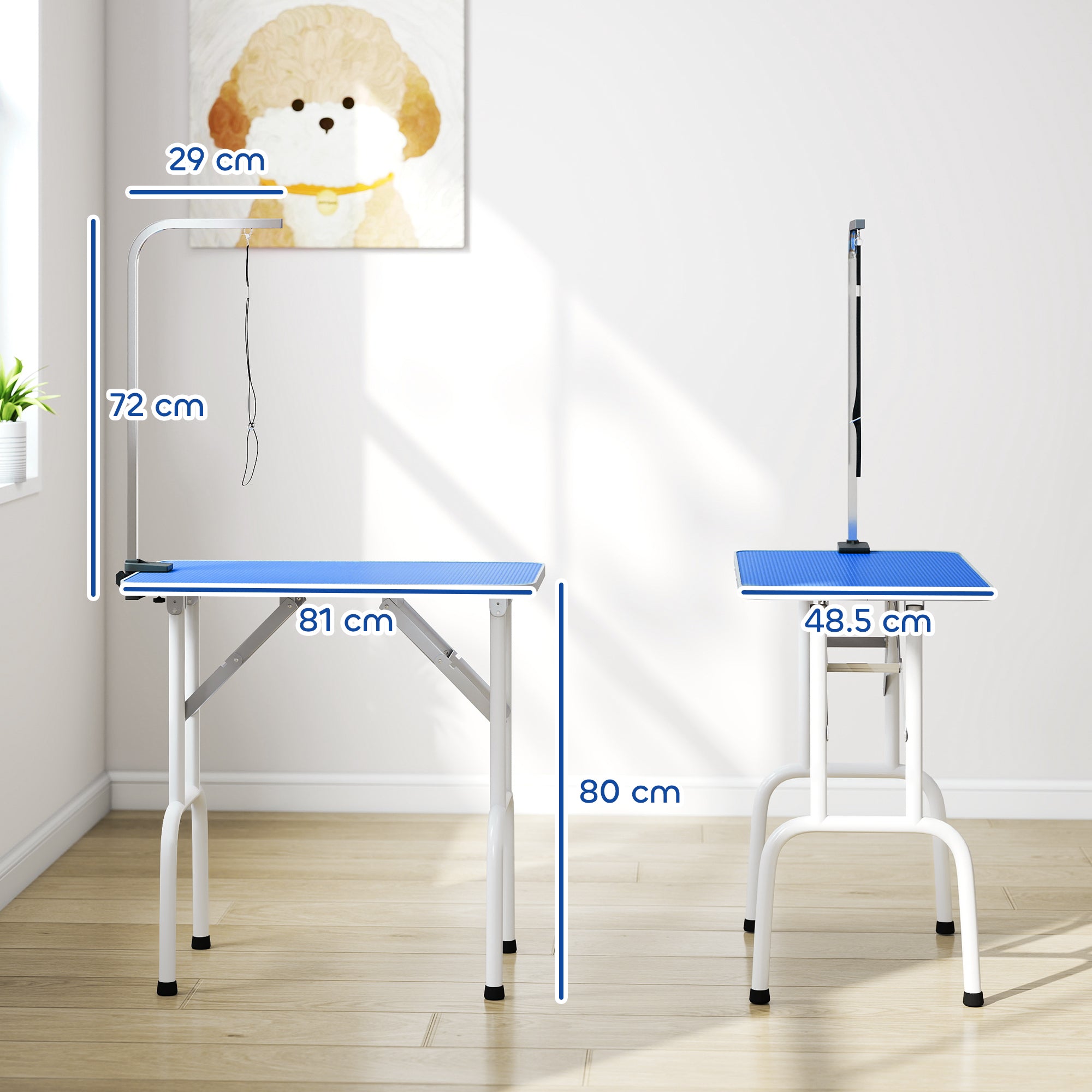PawHut 32" Foldable Dog Grooming Table Pet Drying Beauty Table Adjustable Fixed Arm Rubber Top, Blue 