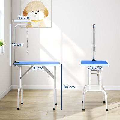PawHut 32" Foldable Dog Grooming Table Pet Drying Beauty Table Adjustable Fixed Arm Rubber Top, Blue 
