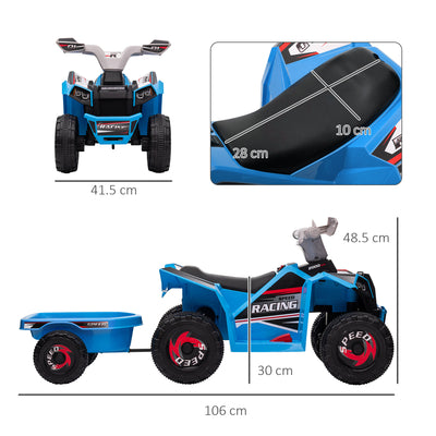 HOMCOM 6V Quad Bike with Back Trailer, Wear-Resistant Wheels, for Ages 18-36 Months, Blue 