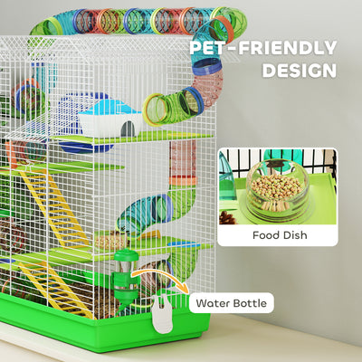 PawHut 5 Tier Hamster Cage Carrier Habitat with Exercise Wheels Tunnel Tube Water Bottle Dishes House Ladder for Dwarf Mice, Green 
