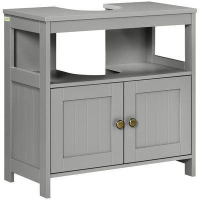kleankin Pedestal Under Sink Cabinet with Double Doors, Modern Bathroom Vanity Storage Unit with Shelves, Light Grey 