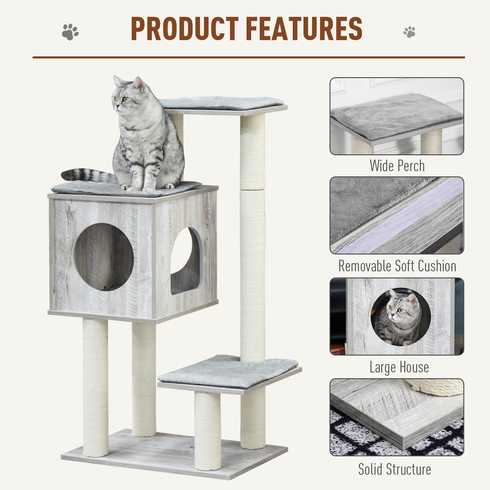 PawHut Cat Tree for Indoor Large Cats 113cm Kitten Tower Condo Jute Scratching Post Kitten Play House Activity Center Furniture 