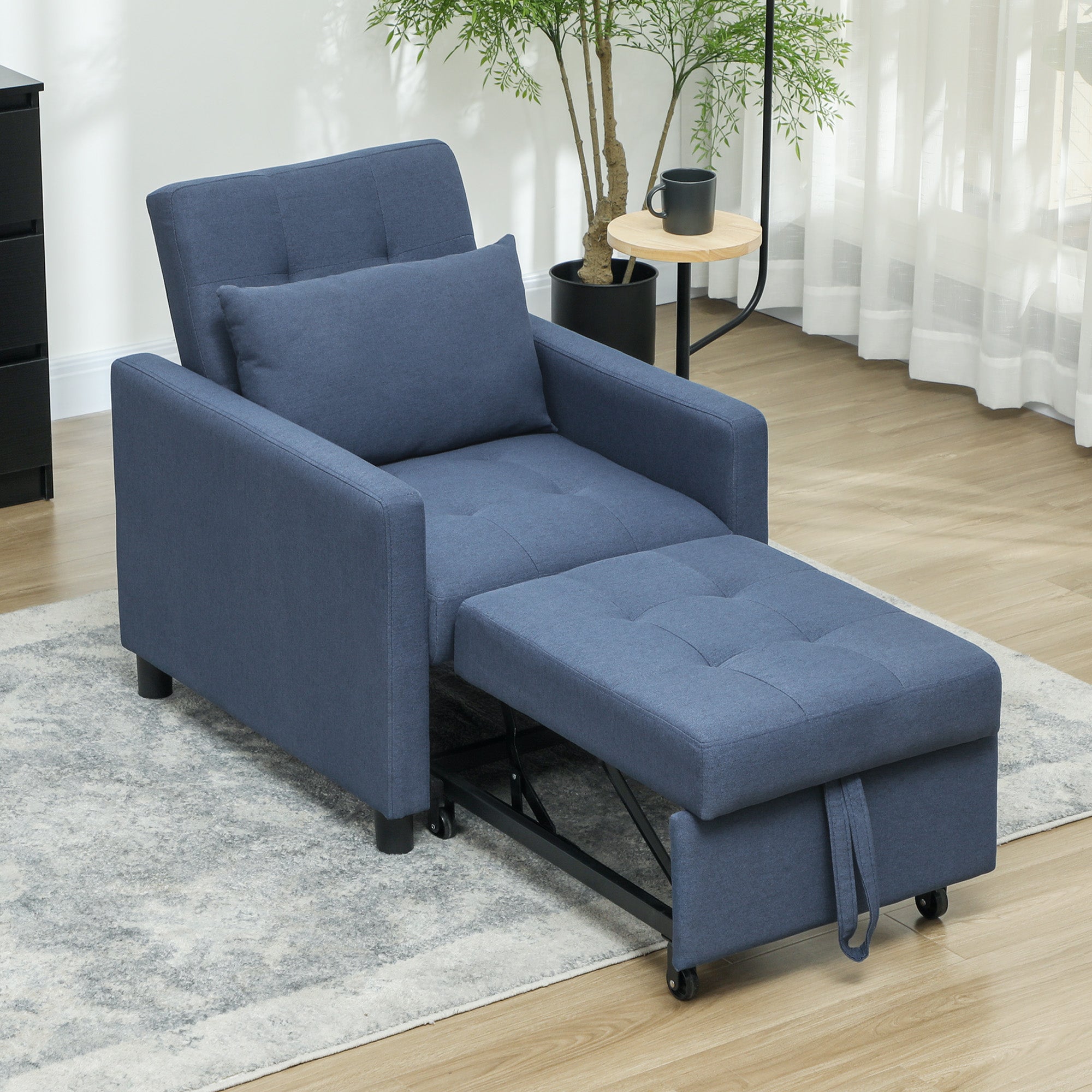 HOMCOM 3-In-1 Chair Bed, Convertible Sleeper Chair with Adjustable Backrest, Pillow and Footrest for Living Room, Blue 