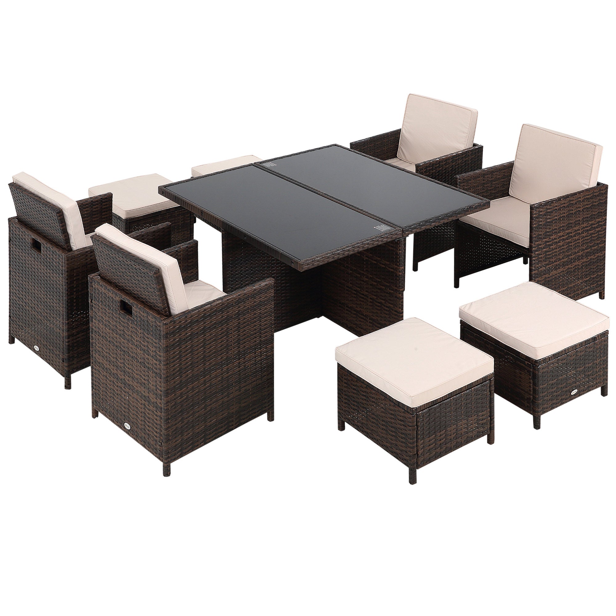 Outsunny 8 Seater Rattan Cube Garden Furniture Set, Rattan Dining Set with Cushions, Outdoor Dining Table and Chairs with 4 Armchairs, 4 Stools, Square Glass Top Table for Patio, Balcony, Brown 