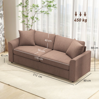 HOMCOM Modern 3 Seater Sofa with Spring Cushion, 212 cm Fabric Jumbo Cord Sofa Couch with 2 Scatter Cushions, Upholstered Corduroy Settee for Living Room, Bedroom, Home Office, Coffee 