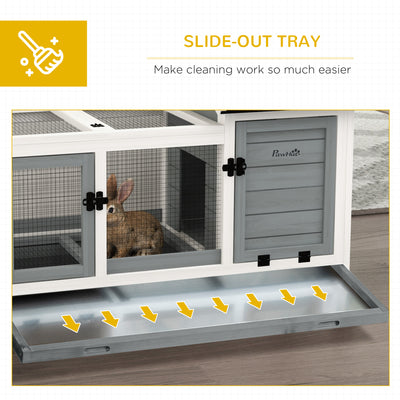 PawHut Wooden Rabbit Hutch, Guinea Pig Cage, with Removable Tray, Wheels - Grey 