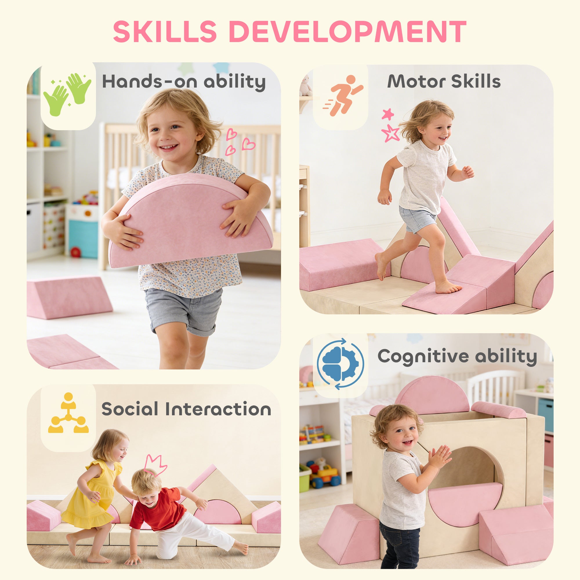 AIYAPLAY Kids Play Sofa, 12 Pieces Foam Modular Soft Play Set for Playroom, Children Convertible Sofa for Boys and Girls, Pink 