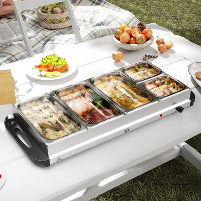 HOMCOM Electric Food Warmer 5 Tray, 9.2L Portable Buffet Server and Warming Tray with Lids, Adjustable Temperature Control and Cool Touch Handles, 450W, 3 x 2.4L and 2 x 1L, Silver Tone 