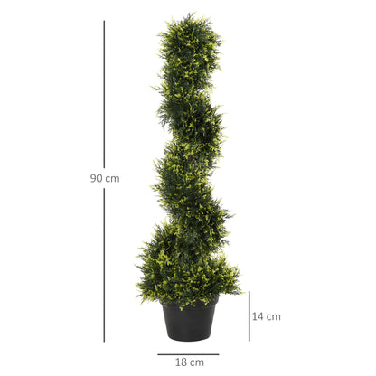 Outsunny Set Of 2 90cm/3FT Artificial Spiral Topiary Trees w/ Pot Fake Indoor Outdoor Greenery Plant Home Office Garden Décor Green 