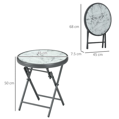 Outsunny \'ce\'a645cm Garden Side Table, Outdoor Round Folding Patio Table with Imitation Marble Glass Top, Small Coffee Table, White 