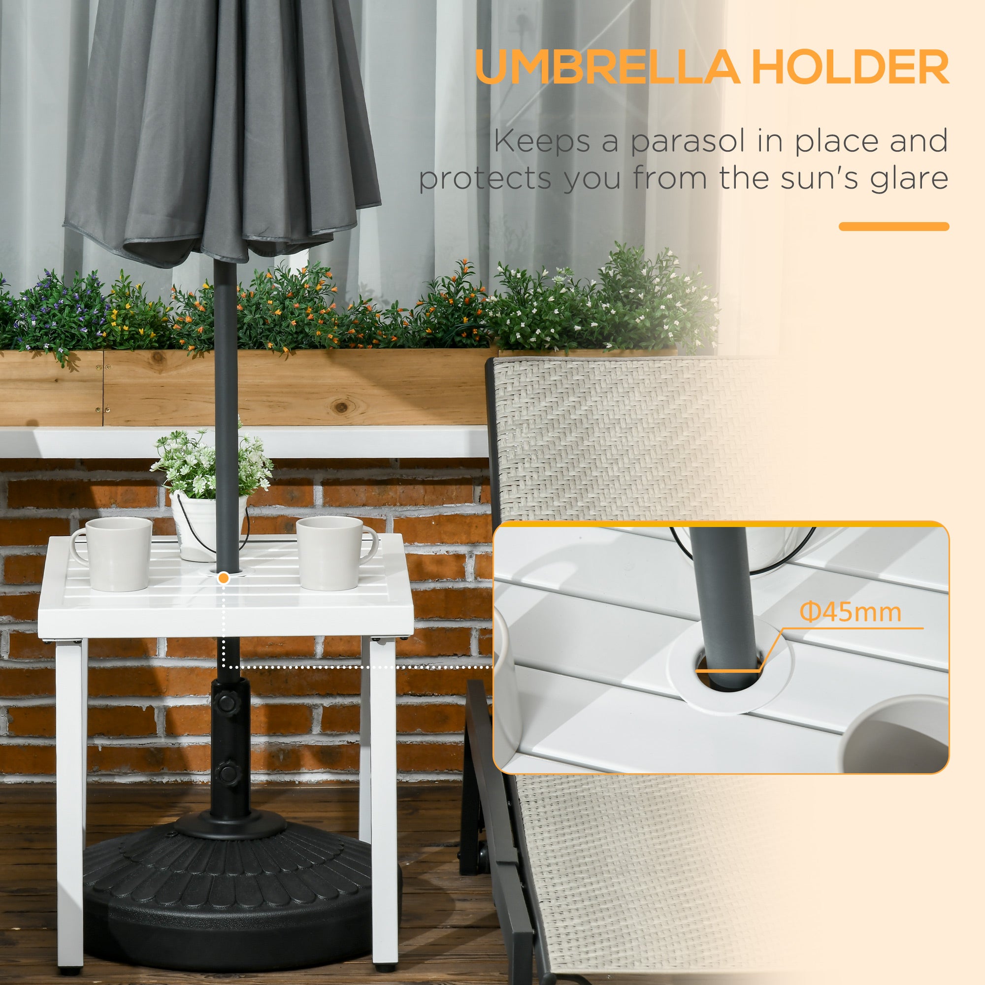 Outsunny Garden Side Table End Table Patio Coffee Table with Umbrella Hole, Steel Frame for Balcony, White 