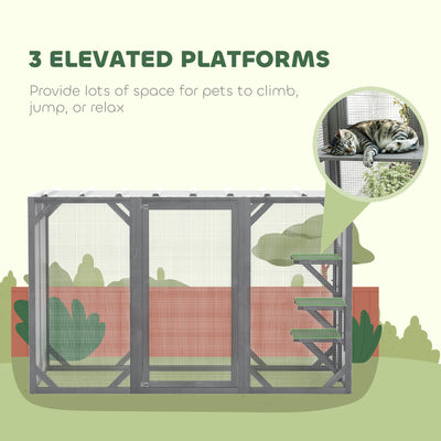 PawHut 71" Outdoor Wooden Cat House with 3 Platforms, Large Door and Weatherproof Roof, for Multiple Cats, Grey 