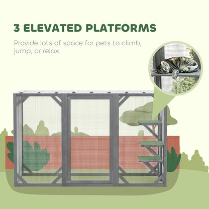 PawHut 71" Outdoor Wooden Cat House with 3 Platforms, Large Door and Weatherproof Roof, for Multiple Cats, Grey