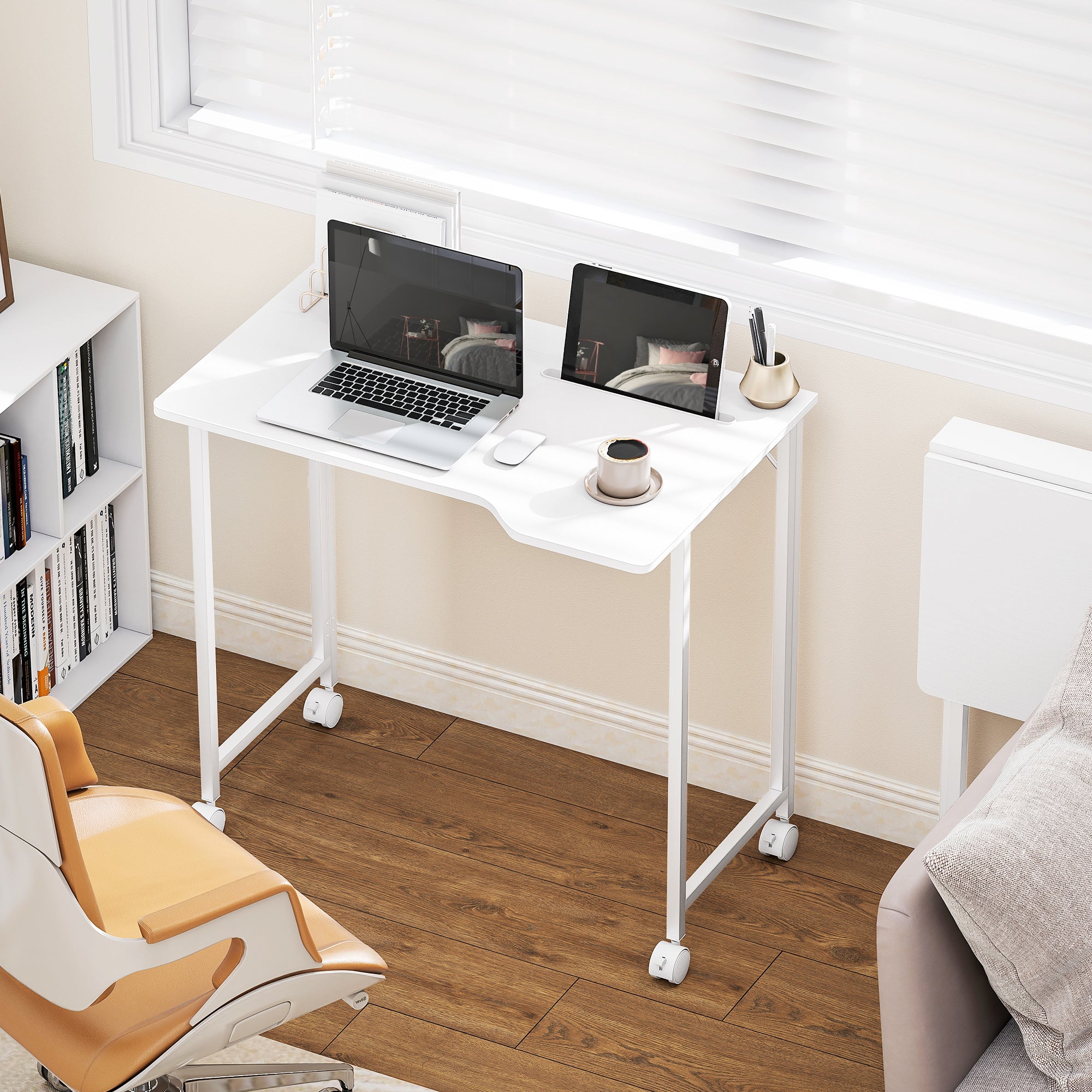 HOMCOM Small Folding Desk, with Wheels - White Wood-Effect 
