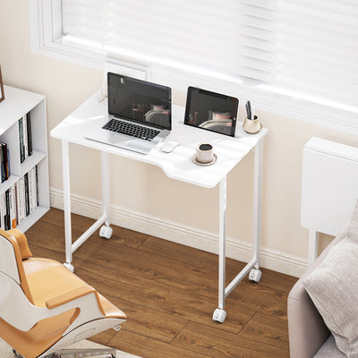 HOMCOM Small Folding Desk, with Wheels - White Wood-Effect 
