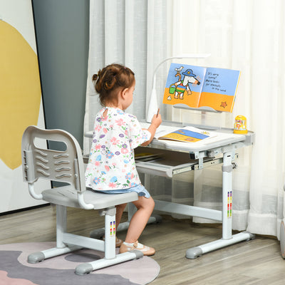 HOMCOM Kids Study Desk and Chair Set w/ Adjustable Height, Storage, Drawer, Grey 