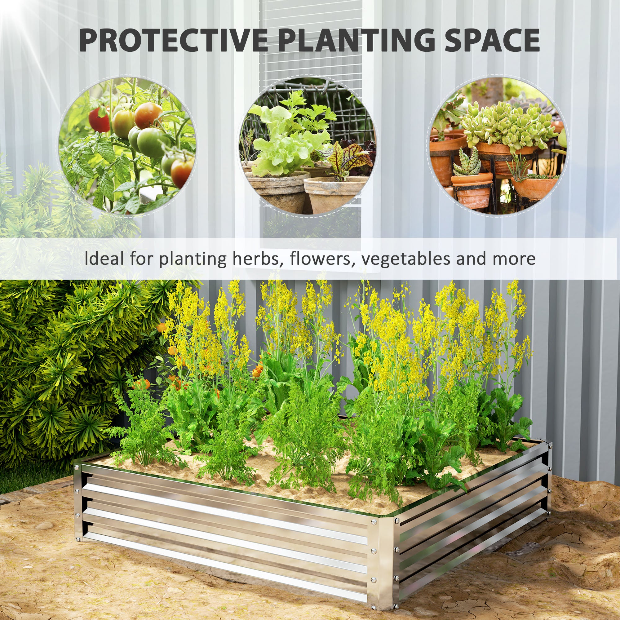 Outsunny Square Raised Garden Bed Box with Weatherized Steel Frame for Vegetables, Flowers, & Herbs, 120 x 120 x 30cm, Silver Tone 
