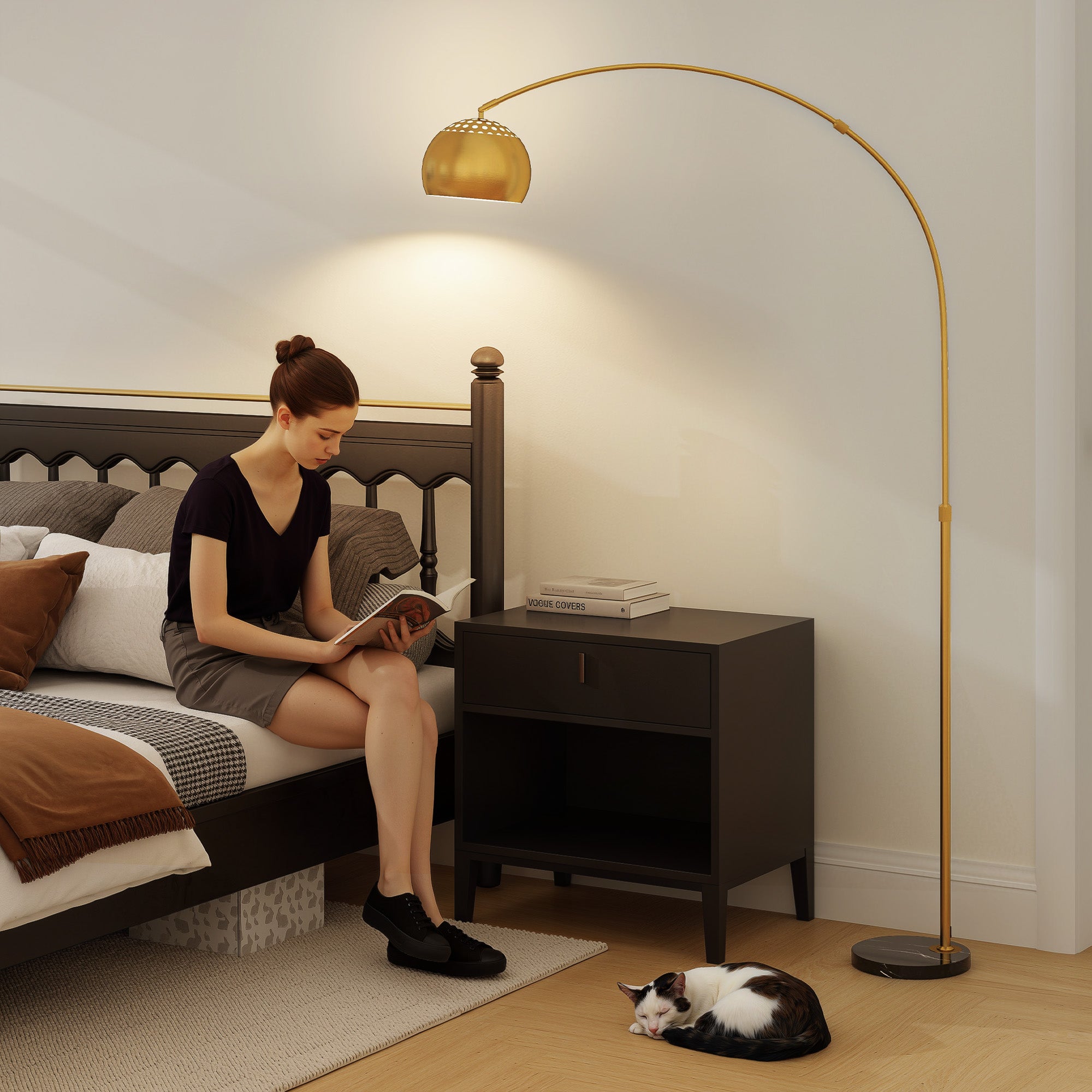 HOMCOM 180cm Arc Floor Lamp for Living Room, Home Offices, Bedrooms, Modern Standing Lamp with Foot Switch, Faux Black Marble Base and Bell Shade, Gold Tone