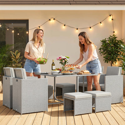 Outsunny 9 Piece Rattan Cube Garden Furniture Dining Set with Armchairs, Footstools and Glass-Top Table, Light Grey 