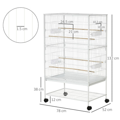 PawHut Large Bird Cage Budgie Cage for Finch Canaries Parakeet with Rolling Stand, Slide-out Tray, Storage Shelf, Food Containers, White 