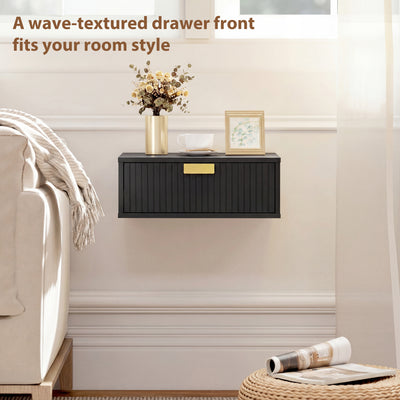 HOMCOM Modern Floating Nightstands Set of 2, Wall Mounted Bedside Tables with Wave Drawer Black 