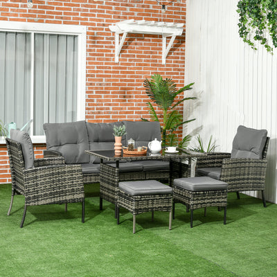 Outsunny 5 Seater Rattan Garden Furniture Set, 2 Armchairs, 3-Seater Wicker Sofa, 2 Footstools and Glass Table, 6 Piece Patio Rattan furniture Sofa Sets with Cushions for Conservatory, Mixed Grey 