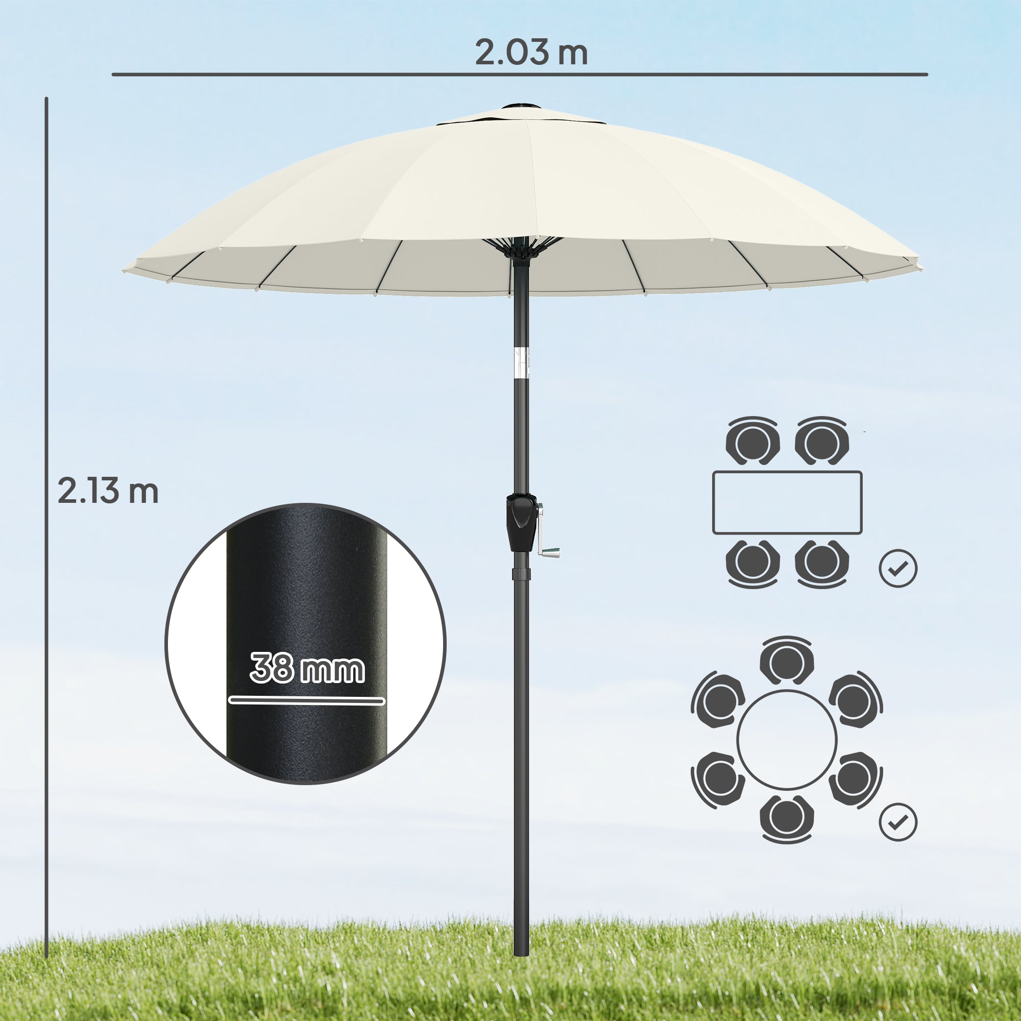 Outsunny 2 m Shanghai Garden Parasol Umbrella with 16 Fibreglass Ribs, Outdoor Parasol Sun Shade with Crank & Tilt, Cream White 