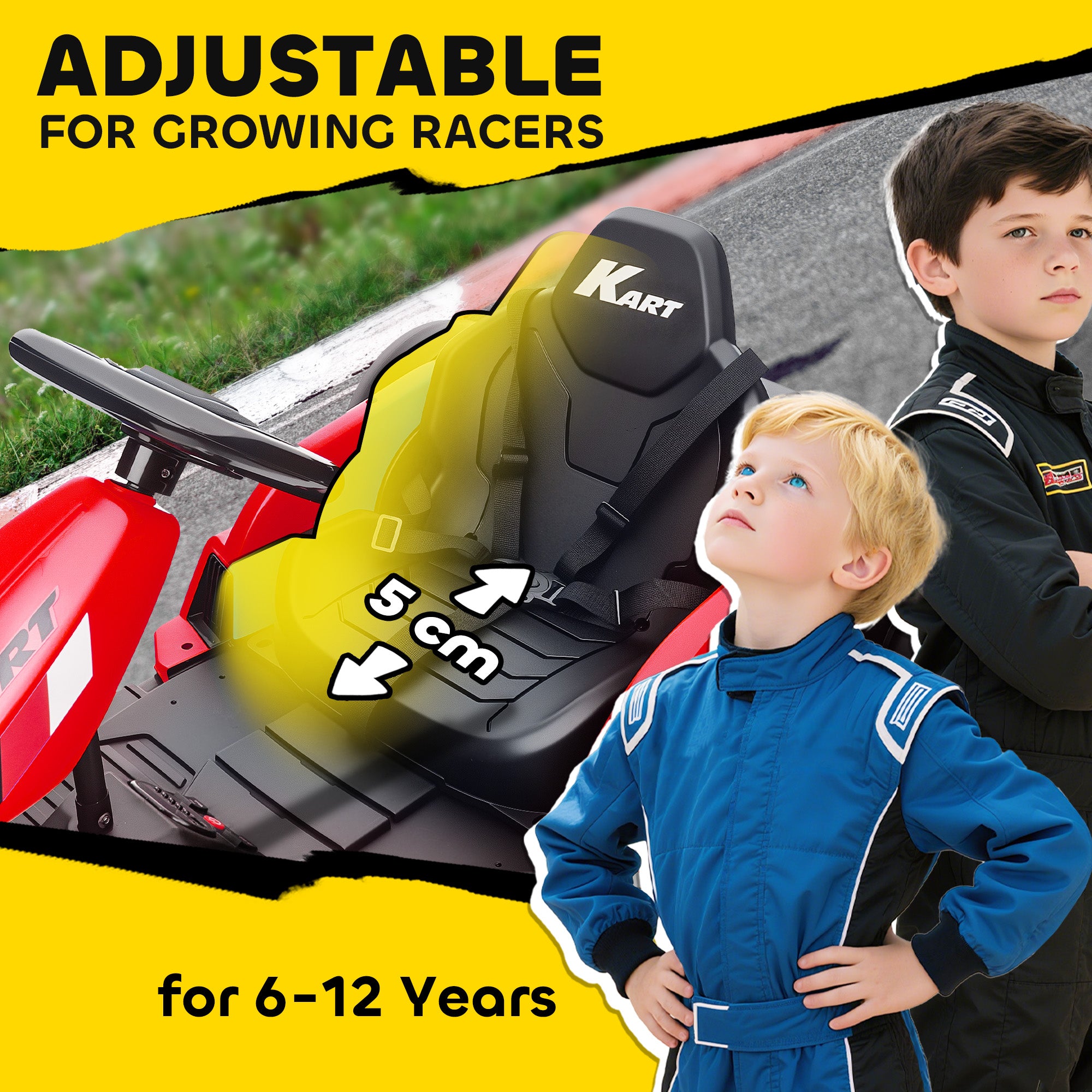 AIYAPLAY 24V Electric Go Kart, Drift Kart with Adjustable Seat, Slow Start, 5-Point Harness, Music, Horn, for 6-12 Years, Red 