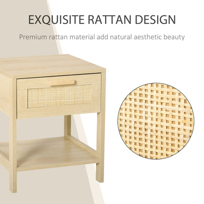 HOMCOM Nightstand with Rattan Drawer and Storage Shelf, Bedside End Table for Bedroom, Living Room 