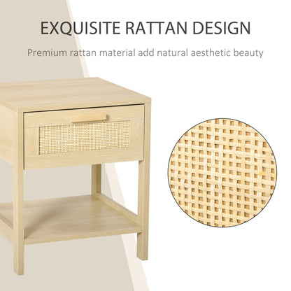 HOMCOM Nightstand with Rattan Drawer and Storage Shelf, Bedside End Table for Bedroom, Living Room 