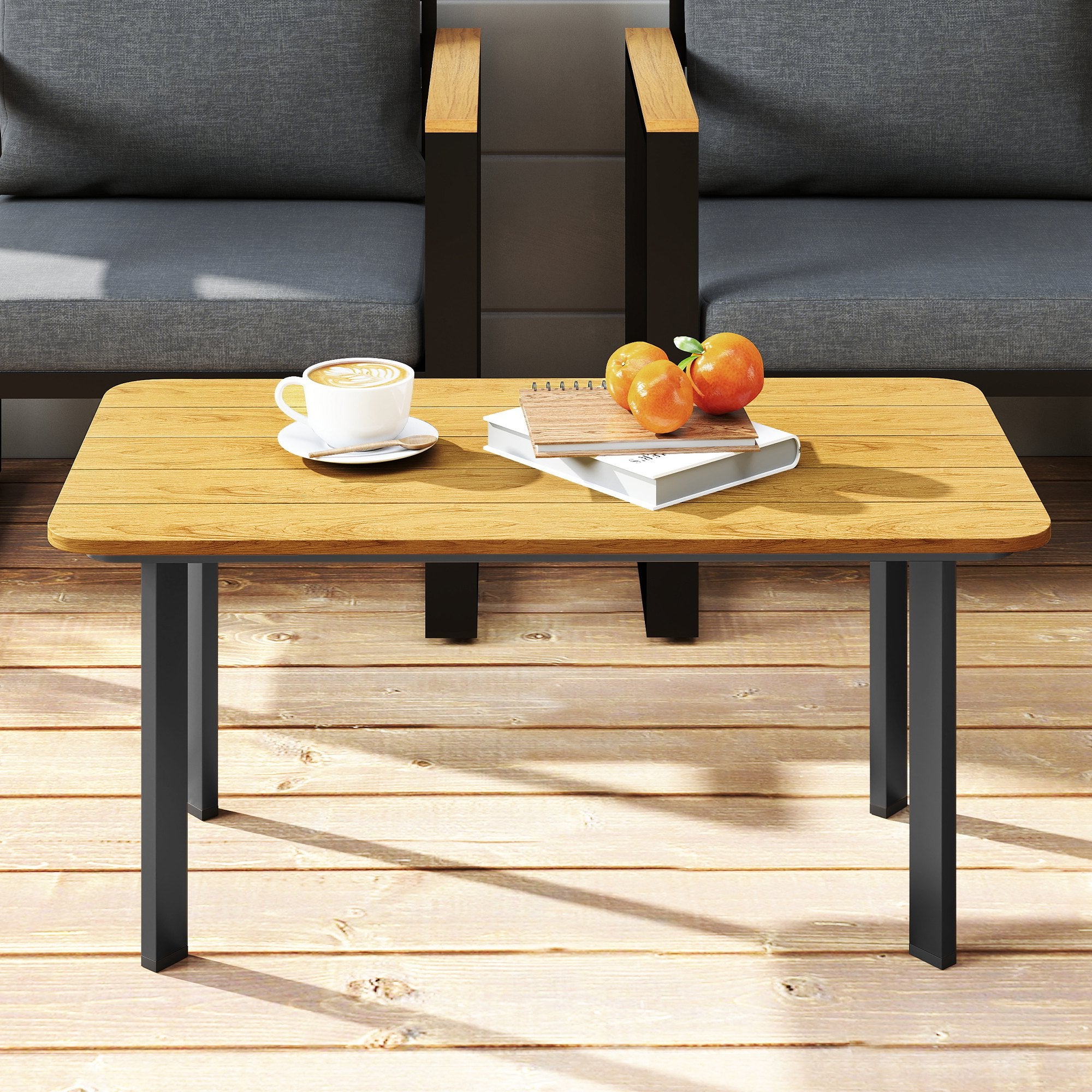 Outsunny Outdoor Garden Coffee Table, Garden Table with Slatted Wood Plastic Composite Top and Metal Frame, Brown 