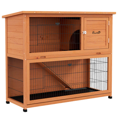 PawHut Two-Tier Antiseptic Wood Rabbit Hutch, 102cm Guinea Pig Hutch with Run - Orange 