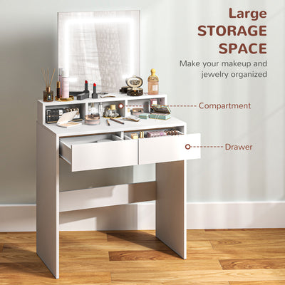 HOMCOM Dressing Table with Mirror and LED Lights, Vanity Table with 2 Drawers, 3 Compartments, 3 Colour Lighting, for Bedroom, Modern Dresser Makeup Desk for Women and Girls, White 