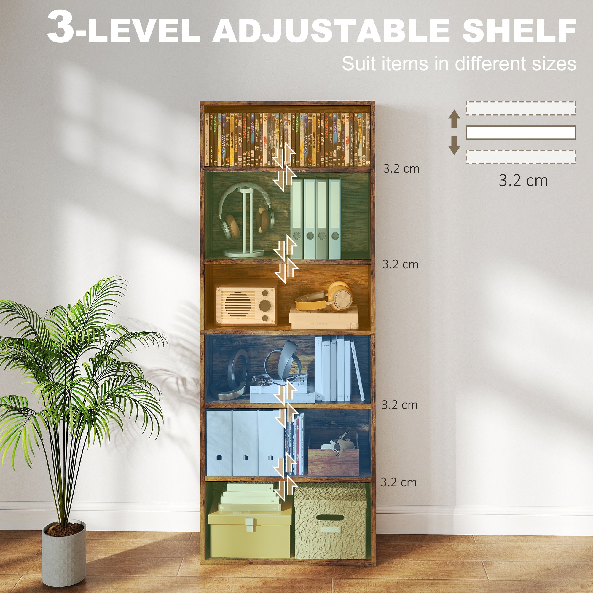 HOMCOM Six Shelf Bookcase - Rustic Brown 