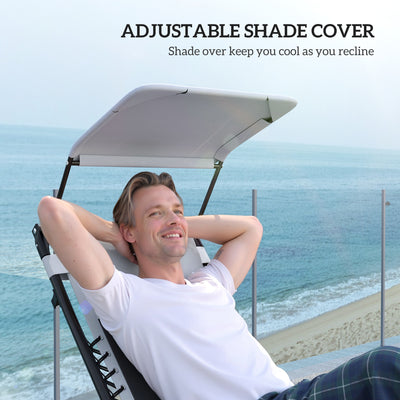 Outsunny Zero Gravity Lounger Chair Set of 2, Folding Reclining Patio Chair with Shade Cover, Padded Seat, Cup Holder, Soft Cushion and Headrest for Poolside, Camping, Light Grey 