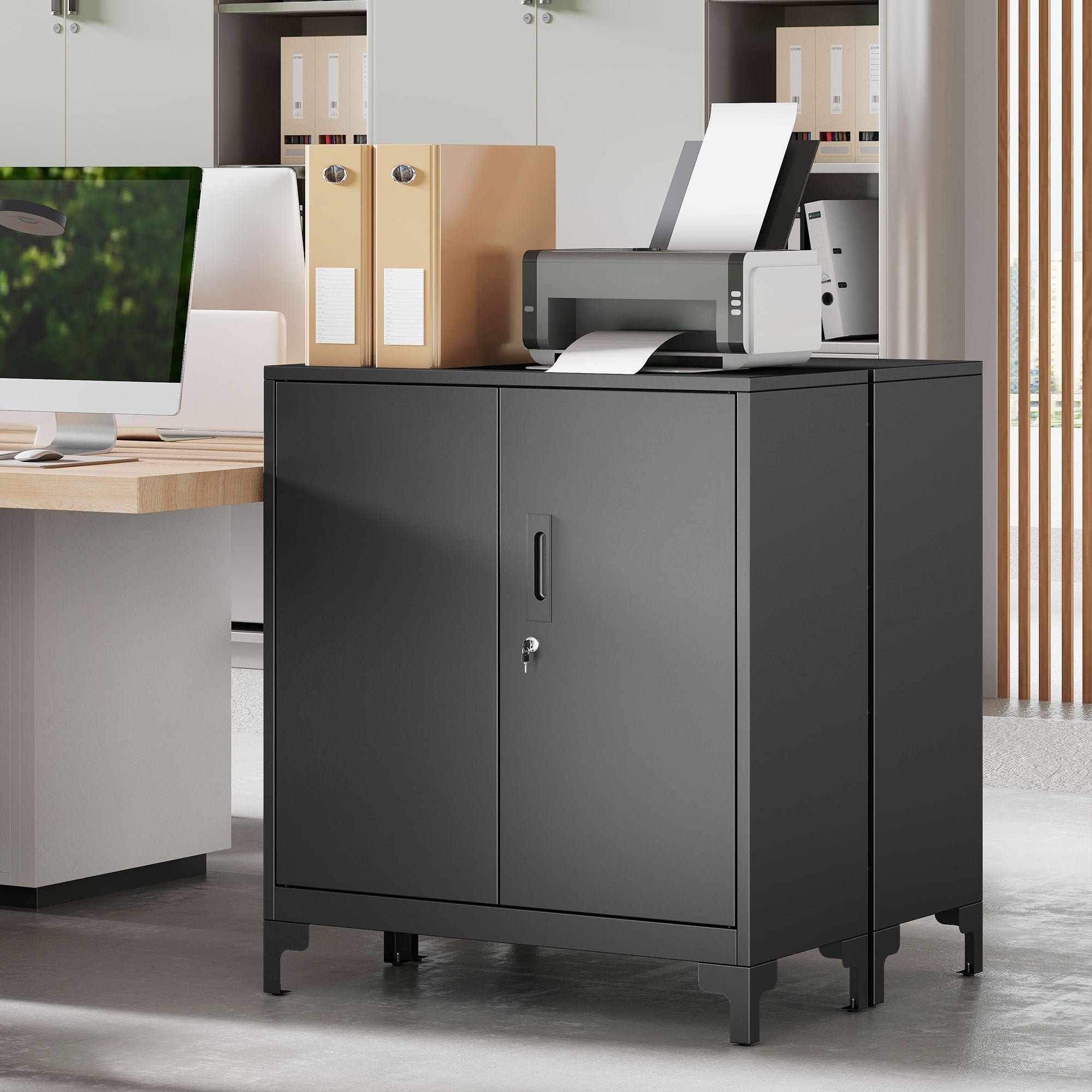 HOMCOM Lockable Metal Filing Cabinet, 2-Tier Storage Cupboard with Double Doors, Modern Office Organiser, Black 