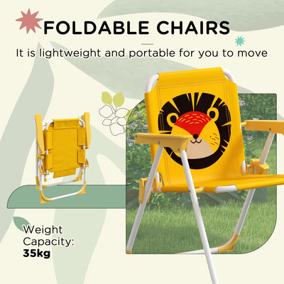 Outsunny Kids Picnic Table and Chair Set, Lion Themed Outdoor Garden Furniture w/ Foldable Chairs, Adjustable Parasol - Yellow 