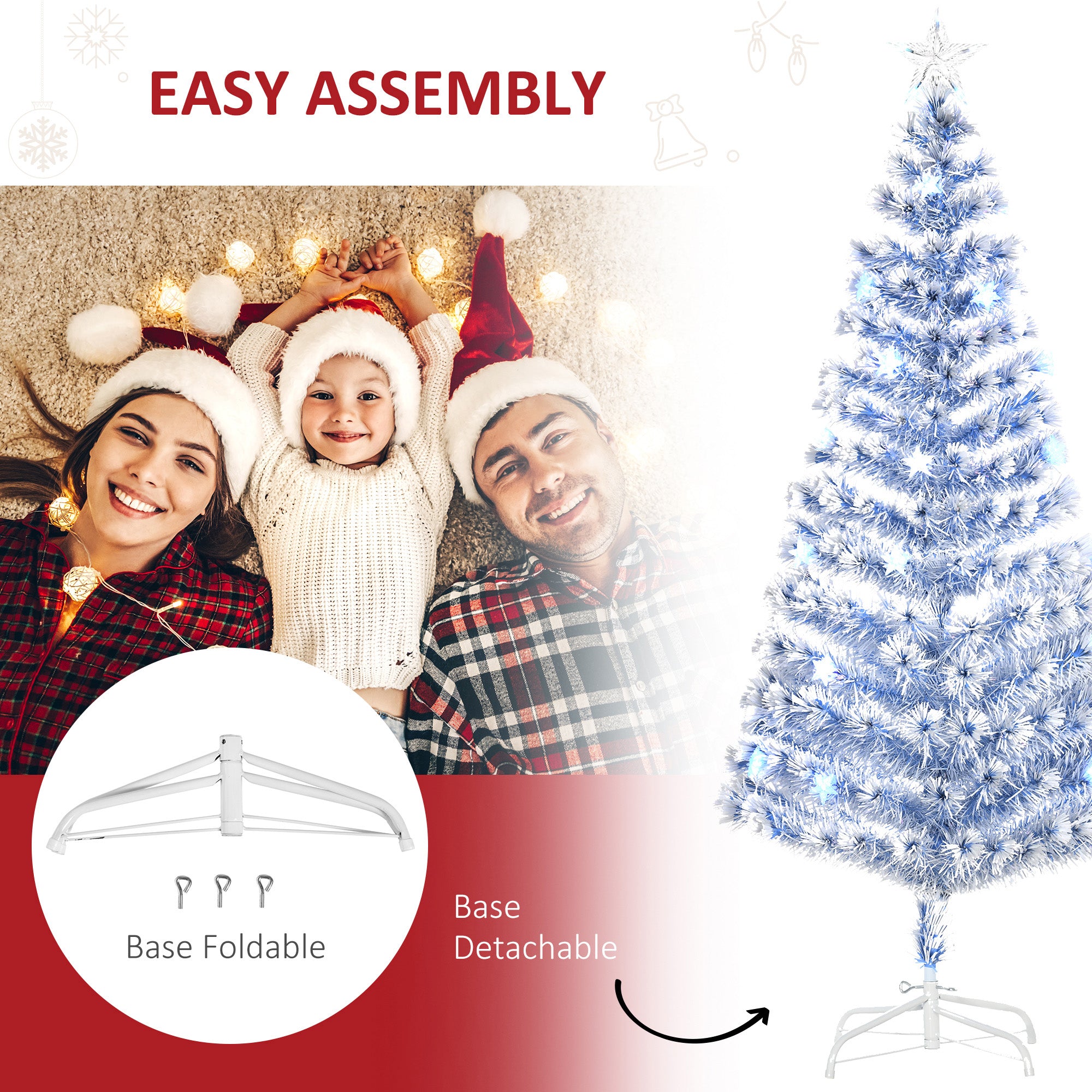 HOMCOM 6FT Artificial Fibre Optic Christmas Tree Seasonal Decoration w/ LED Lights Pre-Lit Easy Store White Blue 
