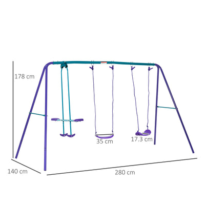 Outsunny Height Adjustable Metal Swing Set with Glider, Two Swing Seats and Adjustable Height, Outdoor Heavy Duty A-Frame 
