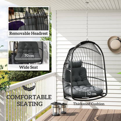 Outsunny Hanging Egg Chair, Foldable Rattan Garden Swing Chair with Installation Kit, Thickened Cushion and Headrest, Indoor Outdoor Hanging Egg Basket Seat for Patio, Porch, Dark Grey 