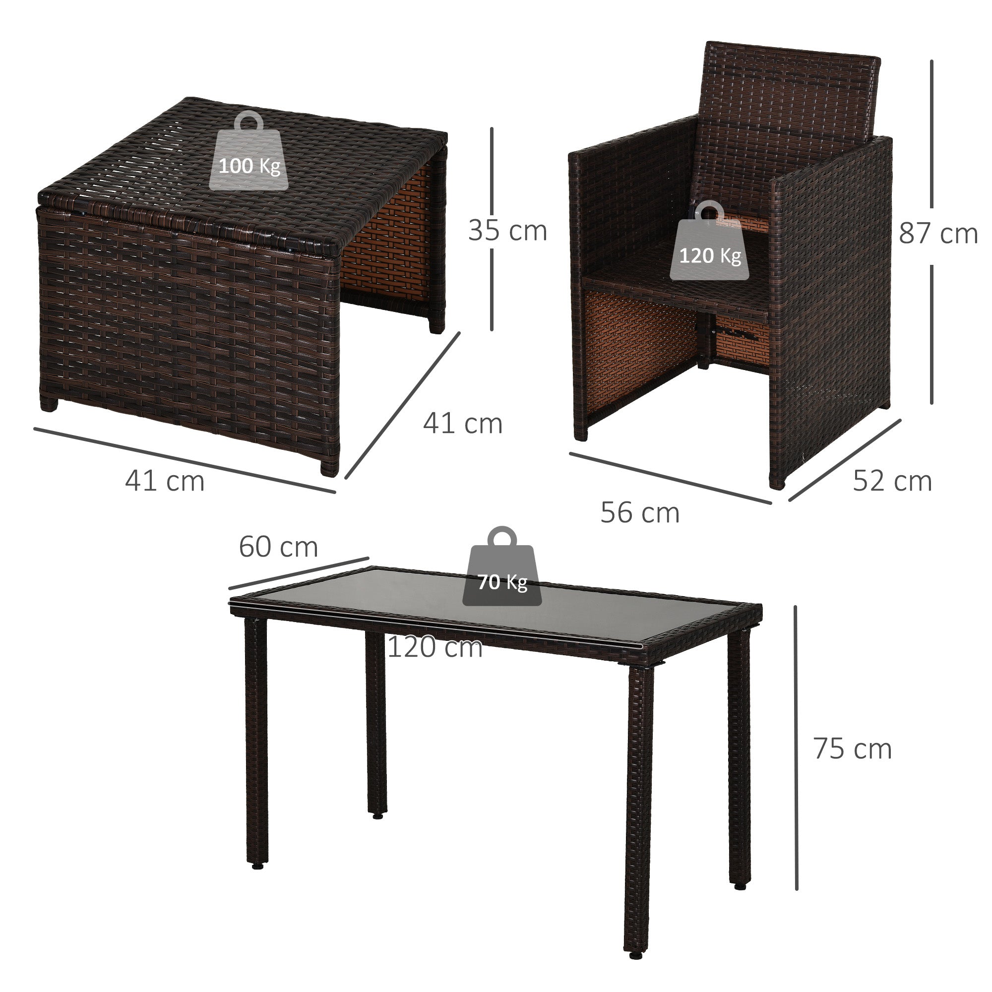 Outsunny 2 Seater Rattan Cube Garden Furniture Set, Rattan Dining Set with Cushions, Outdoor Dining Table and Chairs with 2 Armchairs, 2 Stools, Rectangular Glass Top Table for Patio, Balcony, Brown 