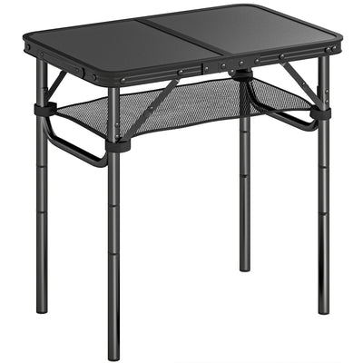 Outsunny 2ft Folding Camping Table, Picnic Table with Mesh Storage Layer, 4 Adjustable Heights and Carrying Handle, Black 