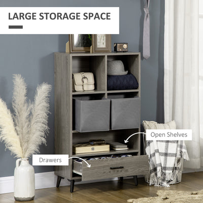 HOMCOM Freestanding Storage Cabinet, Display Cabinet with Fabric Drawers, Bookcase for Home Office, Living Room, Closet, Bedroom, Grey 
