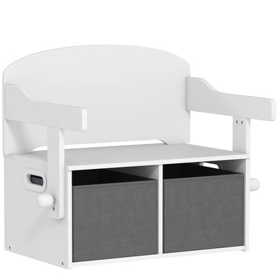 AIYAPLAY 3 in 1 Kids Storage Bench, Convertible Children Table and Chair Set with 2 Fabric Bins, Toy Storage Box, White 