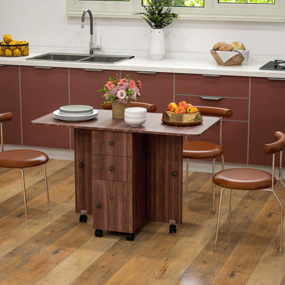 HOMCOM Multi-Storage Six-Person Drop Leaf Dining Table -  Distressed Brown 